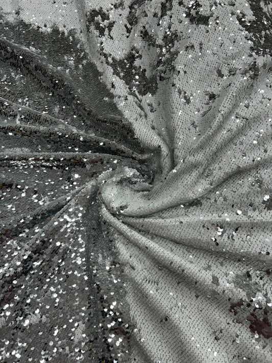 Luxury White Tone Reversible Sequin Net Fabric with Heavy Glitter Work for Bridal, Party Wear, Gowns & Couture Fashion
