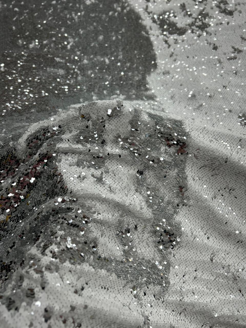 Luxury White Tone Reversible Sequin Net Fabric with Heavy Glitter Work for Bridal, Party Wear, Gowns & Couture Fashion