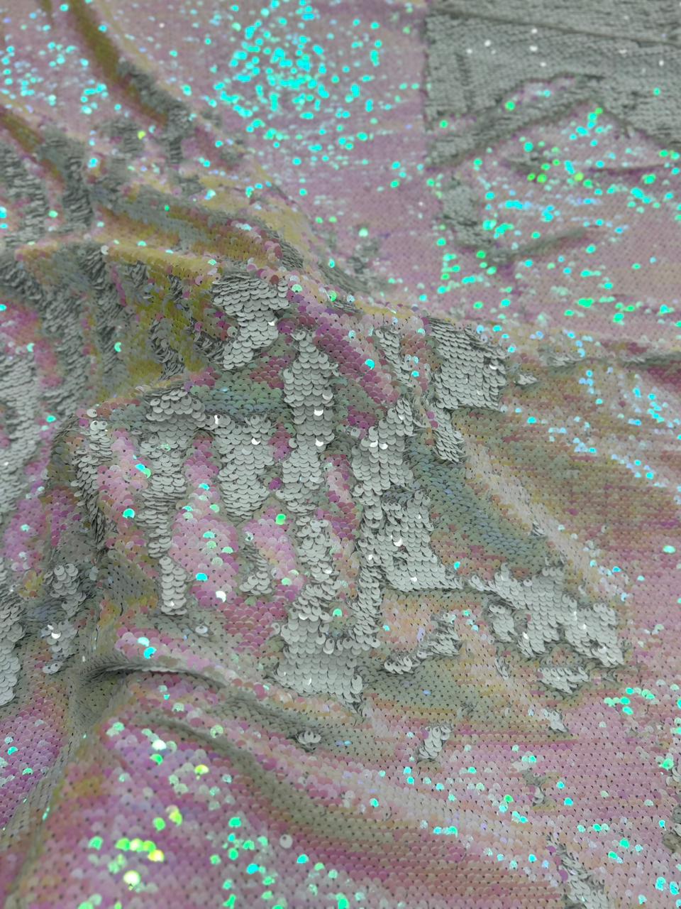 Luxury White Pink Reversible Sequin Net Fabric with Heavy Glitter Work for Bridal, Party Wear, Gowns & Couture Fashion