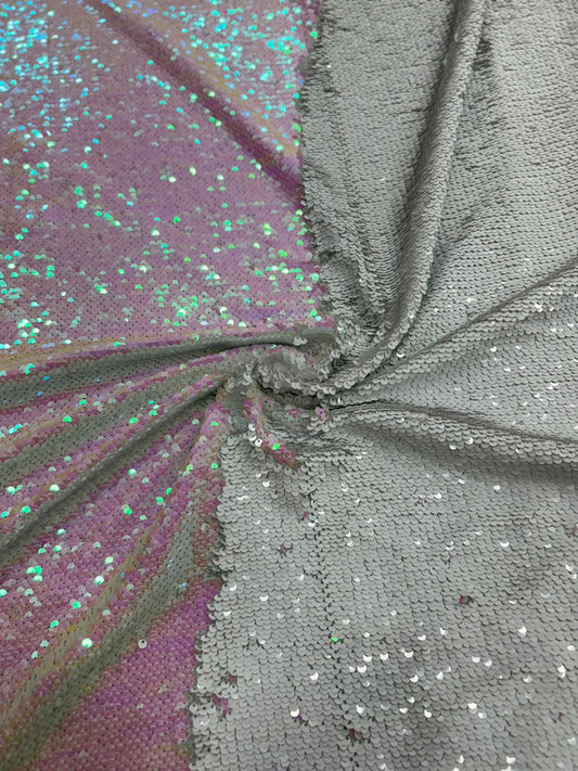 Luxury White Pink Reversible Sequin Net Fabric with Heavy Glitter Work for Bridal, Party Wear, Gowns & Couture Fashion
