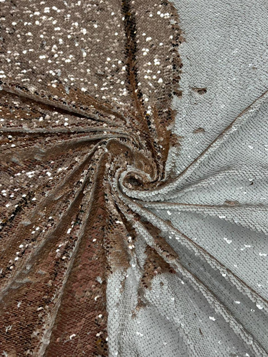 Luxury Rose Gold White Reversible Sequin Net Fabric with Heavy Glitter Work for Bridal, Party Wear, Gowns & Couture Fashion