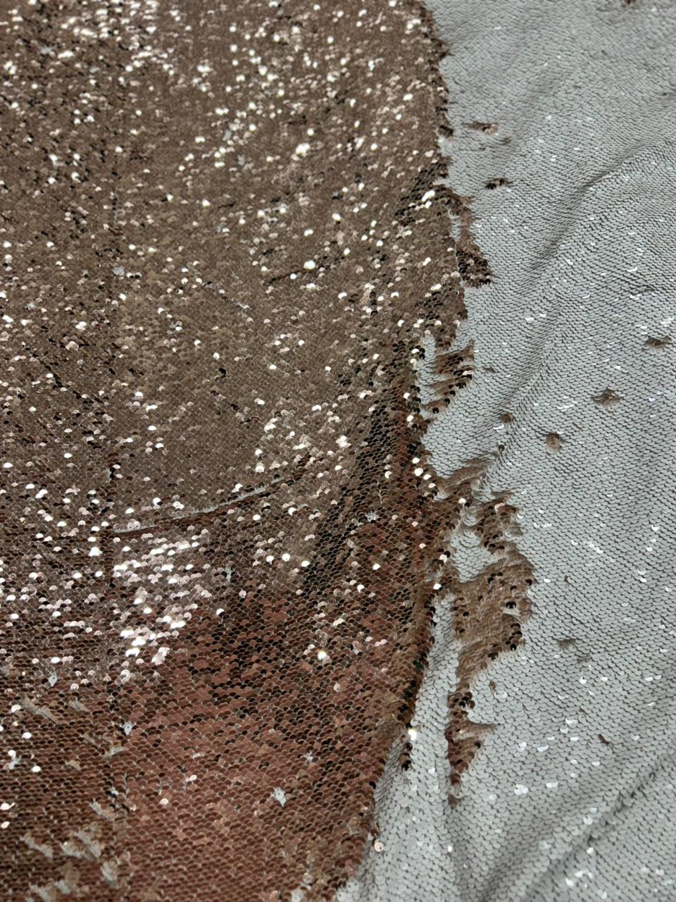 Luxury Rose Gold White Reversible Sequin Net Fabric with Heavy Glitter Work for Bridal, Party Wear, Gowns & Couture Fashion