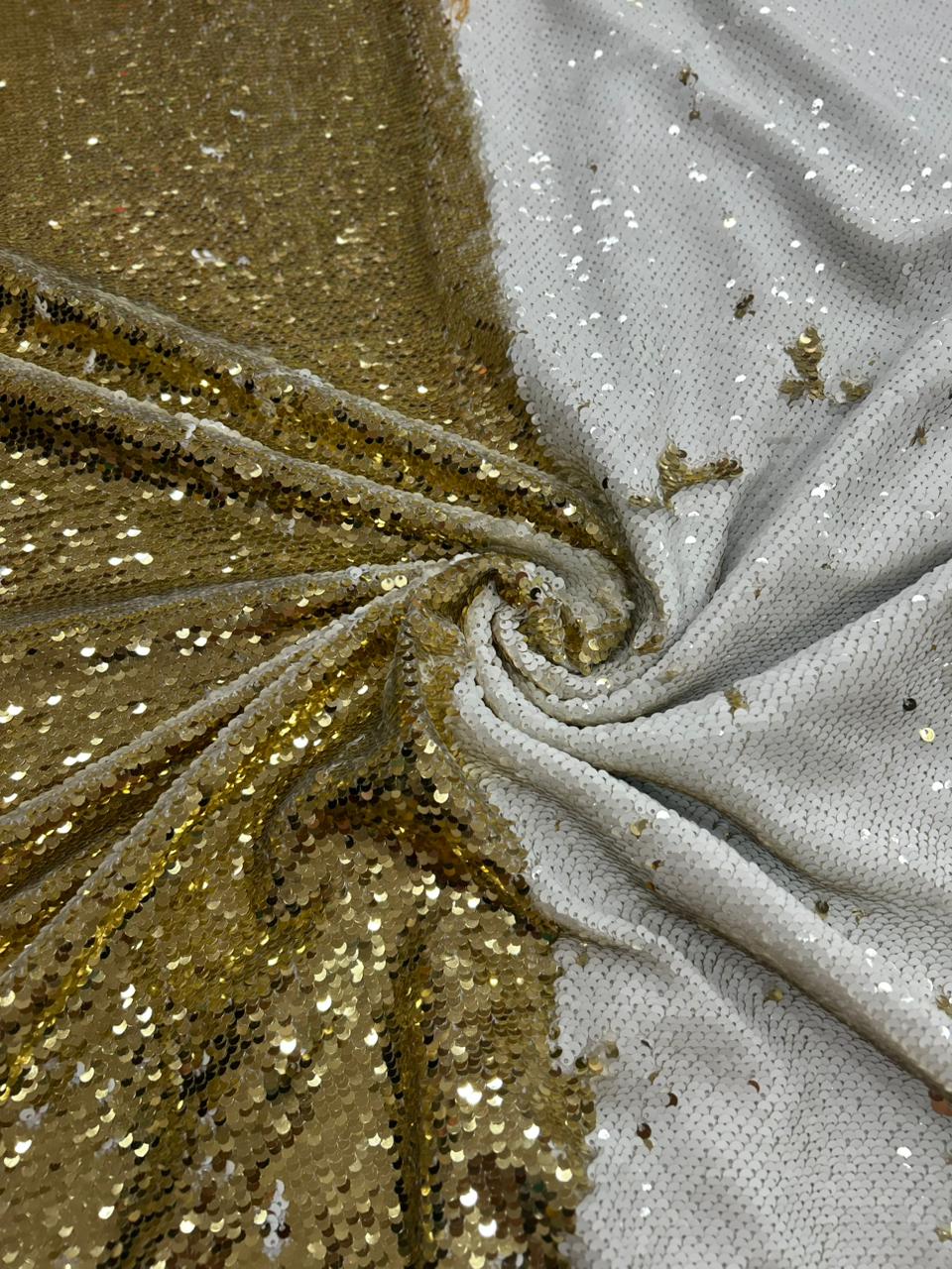 Luxury Gold White Reversible Sequin Net Fabric with Heavy Glitter Work for Bridal, Party Wear, Gowns & Couture Fashion