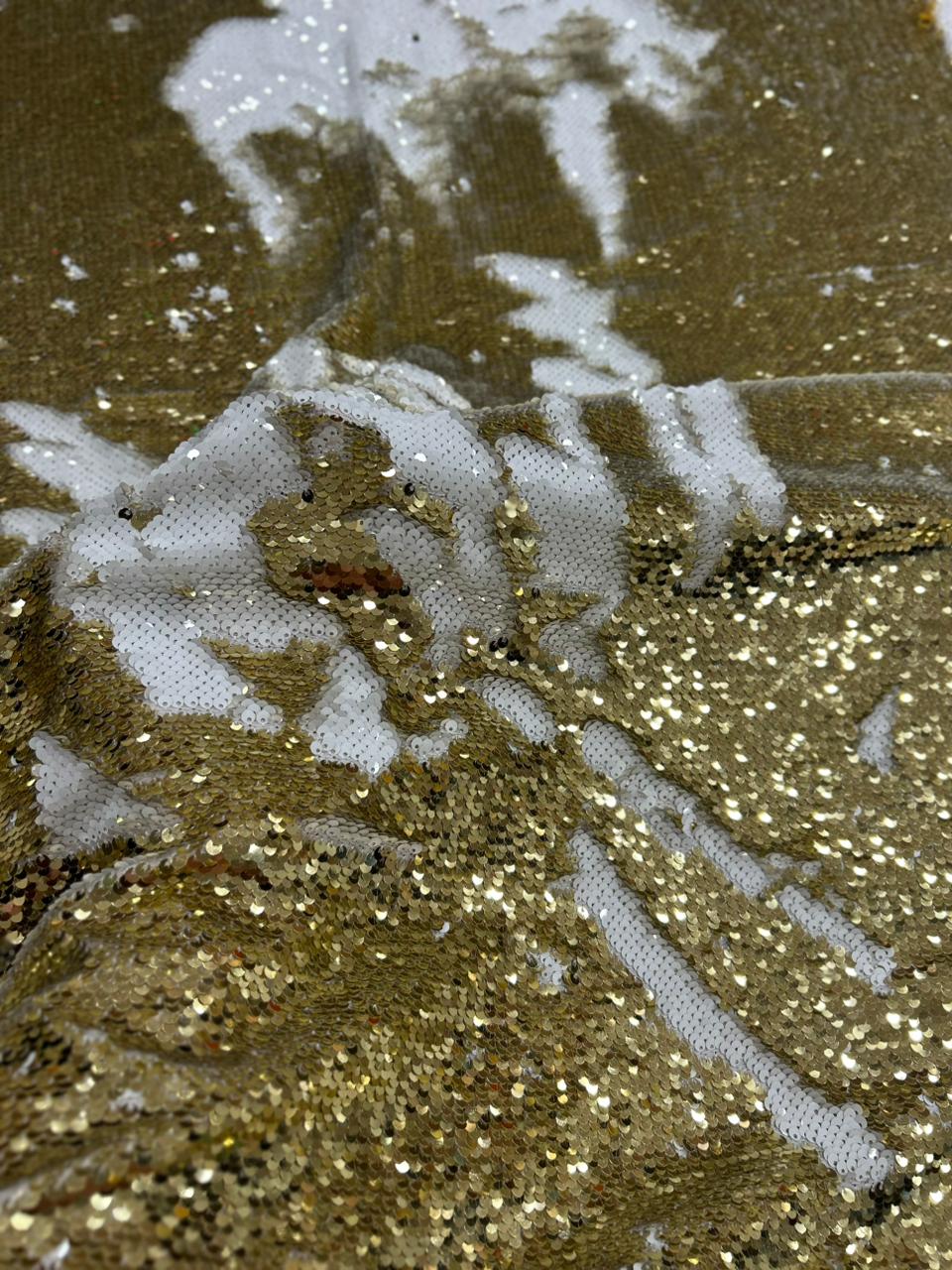 Luxury Gold White Reversible Sequin Net Fabric with Heavy Glitter Work for Bridal, Party Wear, Gowns & Couture Fashion