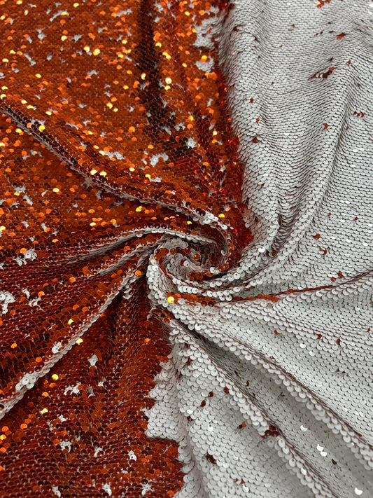 Luxury Orange White Reversible Sequin Net Fabric with Heavy Glitter Work for Bridal, Party Wear, Gowns & Couture Fashion