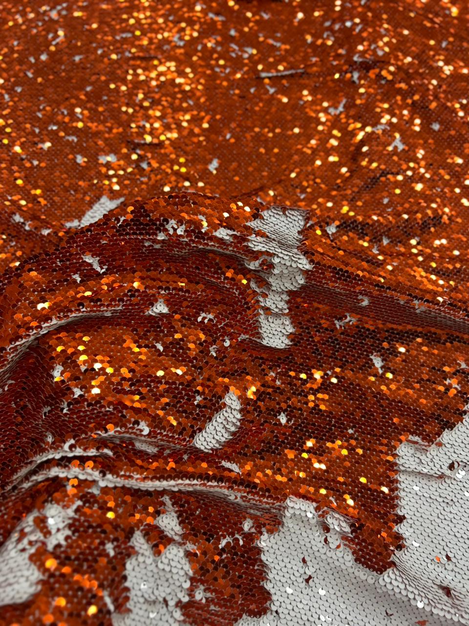 Luxury Orange White Reversible Sequin Net Fabric with Heavy Glitter Work for Bridal, Party Wear, Gowns & Couture Fashion