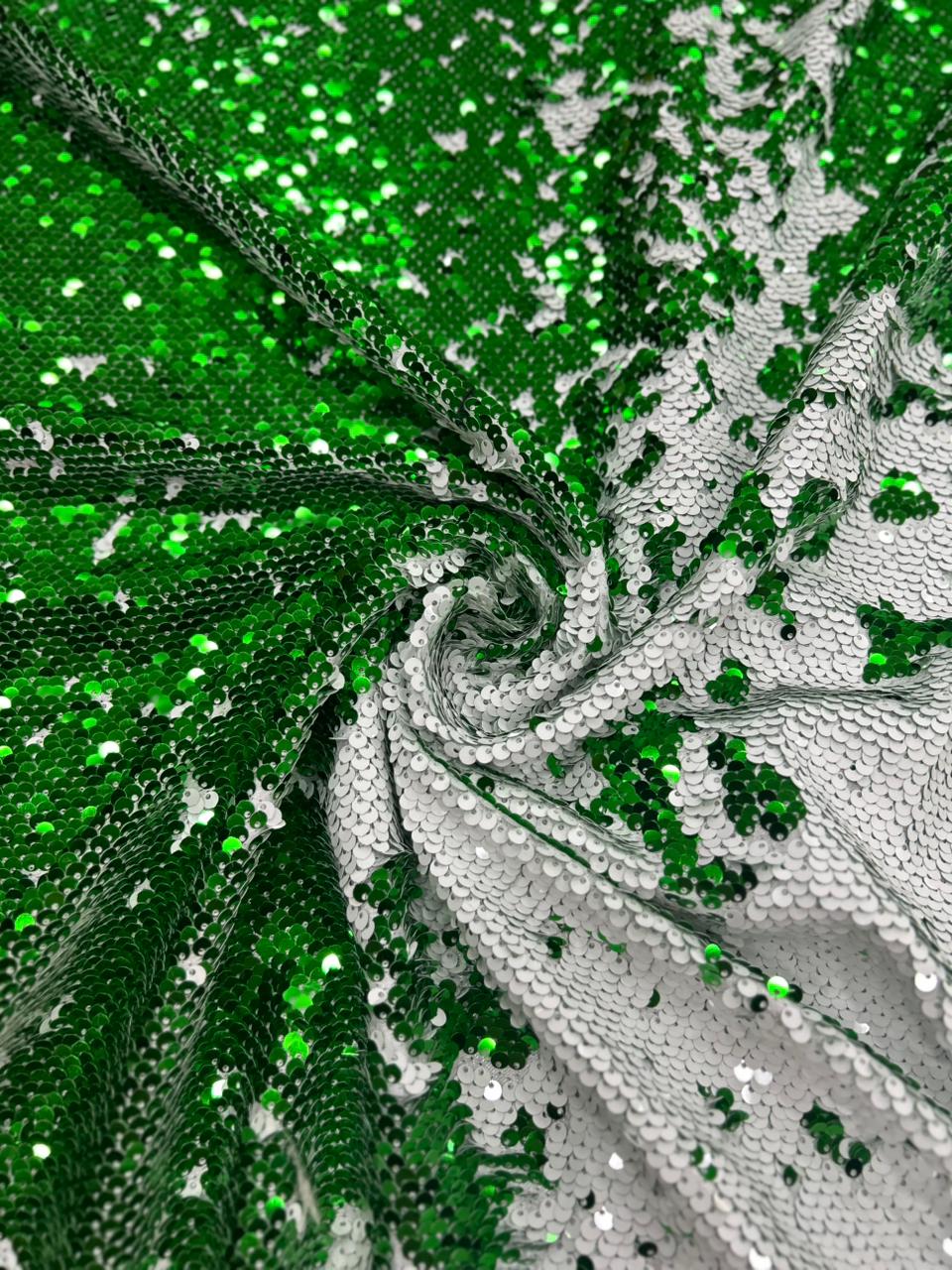 Premium Emerald Green White Reversible Sequin Net Fabric for Bridal Lehengas, Designer Gowns, Sarees & Party Wear Dresses