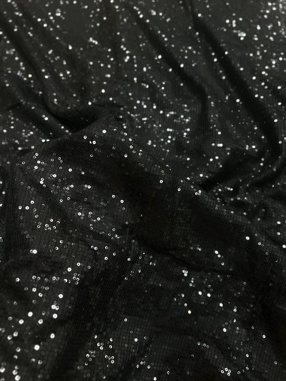 Luxury Black Sequin Georgette Fabric with Heavy Glitter Work for Sarees & Party Outfits