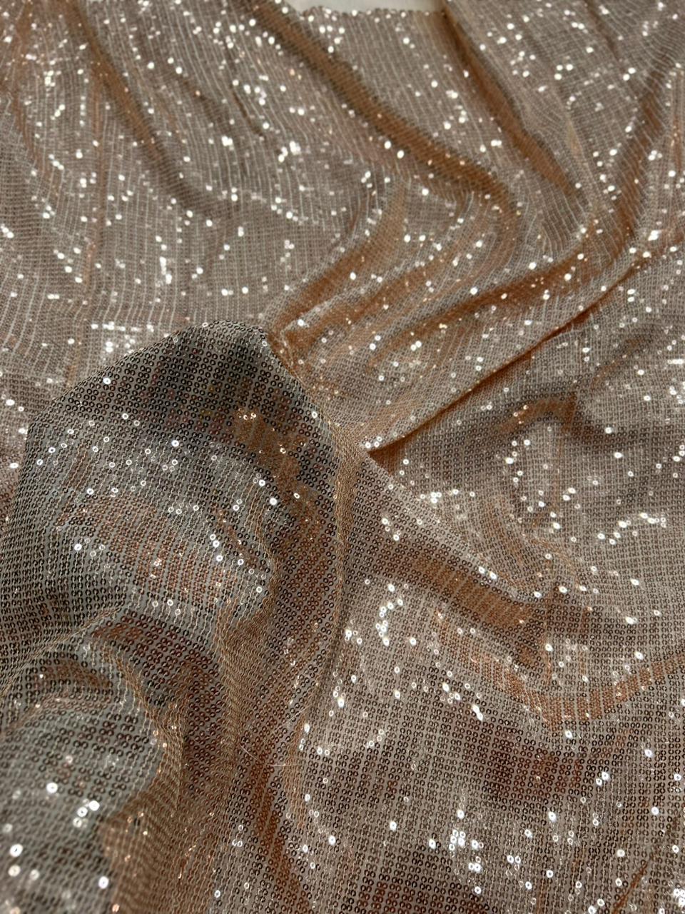 Premium Peach Pink Shimmer Georgette Sequin Fabric for Cocktail Gowns & Evening Dresses