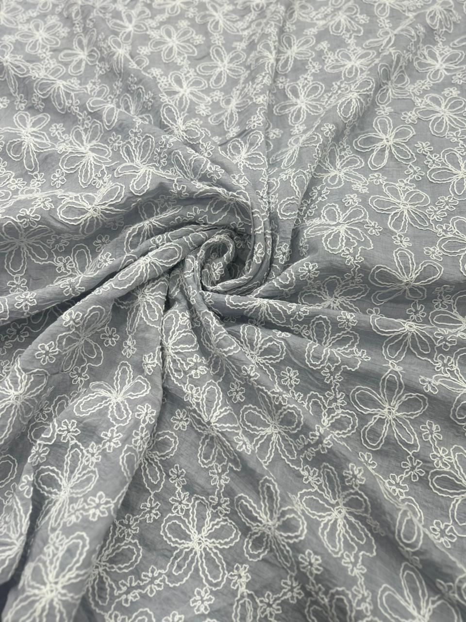 Soft Grey Embroidered Mal Chanderi Fabric With White Floral Thread Work | 49 Work | 55 Inch Width | ThreadnThan