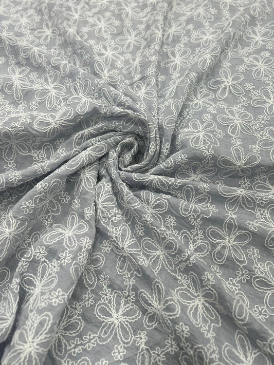 Soft Grey Embroidered Mal Chanderi Fabric With White Floral Thread Work | 49 Work | 55 Inch Width | ThreadnThan