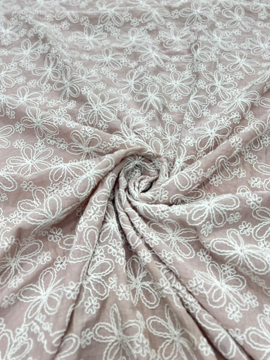Blush Pink Embroidered Mal Chanderi Fabric With White Floral Thread Work | 49 Work | 55 Inch Width | ThreadnThan