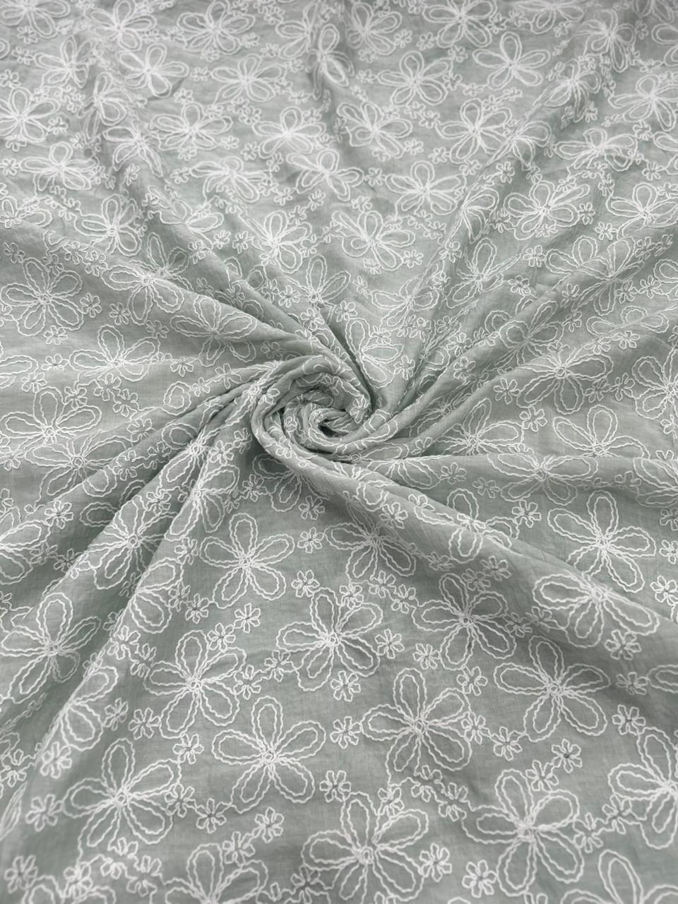 Sage Green Embroidered Mal Chanderi Fabric With White Floral Thread Work | 49 Work | 55 Inch Width | ThreadnTha