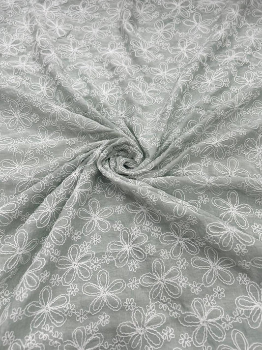 Sage Green Embroidered Mal Chanderi Fabric With White Floral Thread Work | 49 Work | 55 Inch Width | ThreadnTha