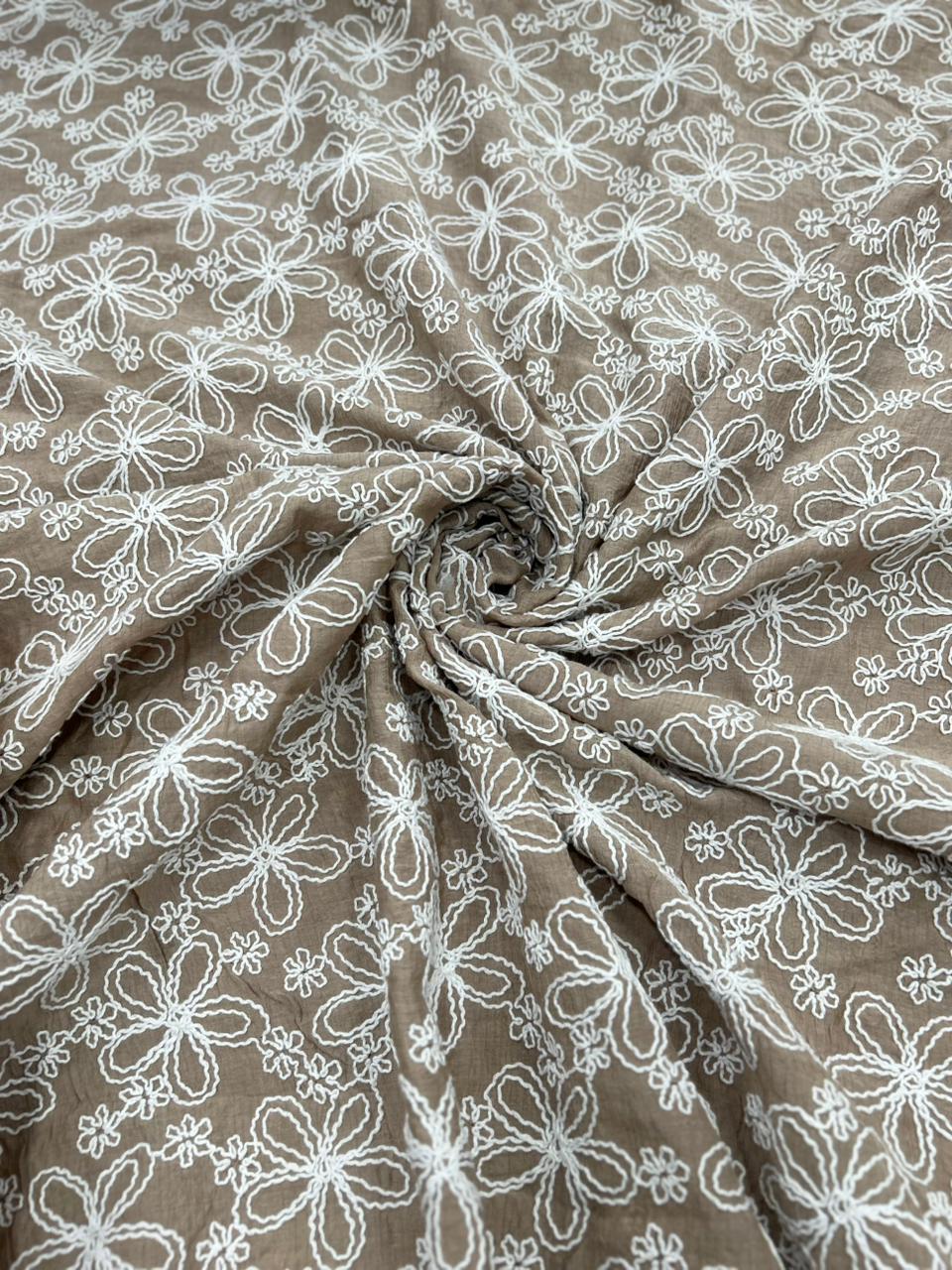 Taupe Brown Embroidered Mal Chanderi Fabric With White Floral Thread Work – 49 Work | 55 Inch Width | ThreadnThan