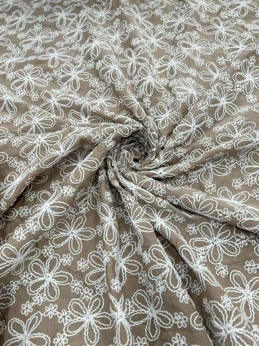 Taupe Brown Embroidered Mal Chanderi Fabric With White Floral Thread Work – 49 Work | 55 Inch Width | ThreadnThan