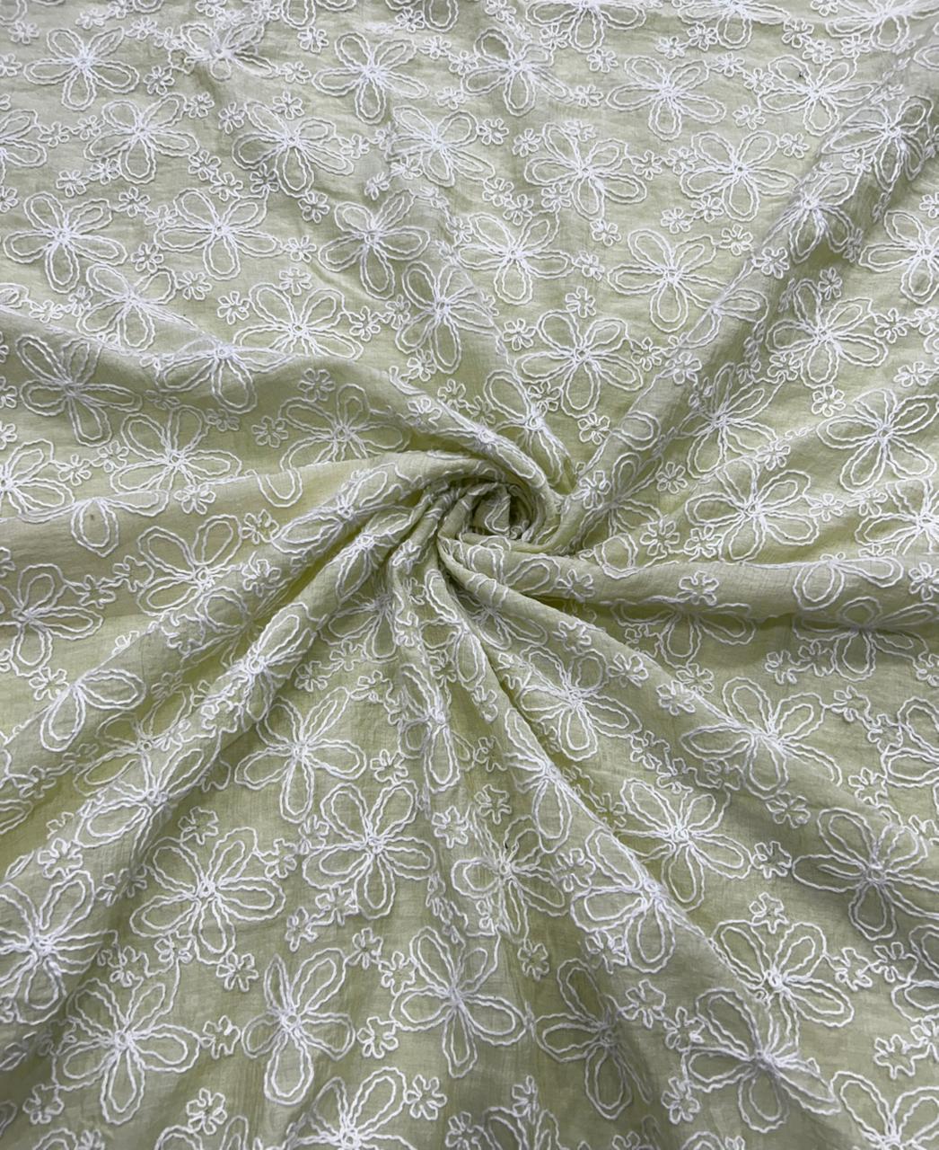 Pastel Green Embroidered Mal Chanderi  Emborderd Fabric With White Floral Thread Work – 49 Work | 55 Inch Width | ThreadnThan