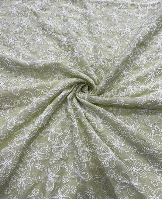 Pastel Green Embroidered Mal Chanderi  Emborderd Fabric With White Floral Thread Work – 49 Work | 55 Inch Width | ThreadnThan