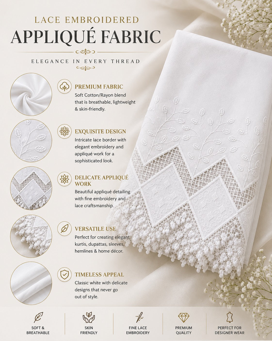 Luxury Cotton Embroidered Appliqué Fabric Width 42" | Designer Lace Border Fabric for Kurtis, Palazzo & Boutique Wear