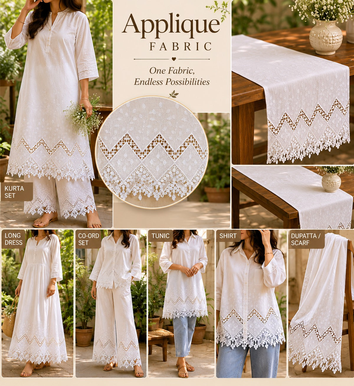 Luxury Cotton Embroidered Appliqué Fabric Width 42" | Designer Lace Border Fabric for Kurtis, Palazzo & Boutique Wear