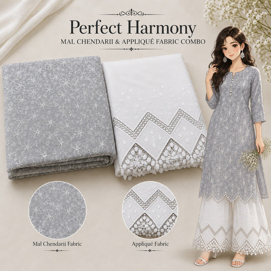 Premium Grey Mal Chanderi Embroidered Fabric with White Applique Work Dress Material for Kurti & Suit Making