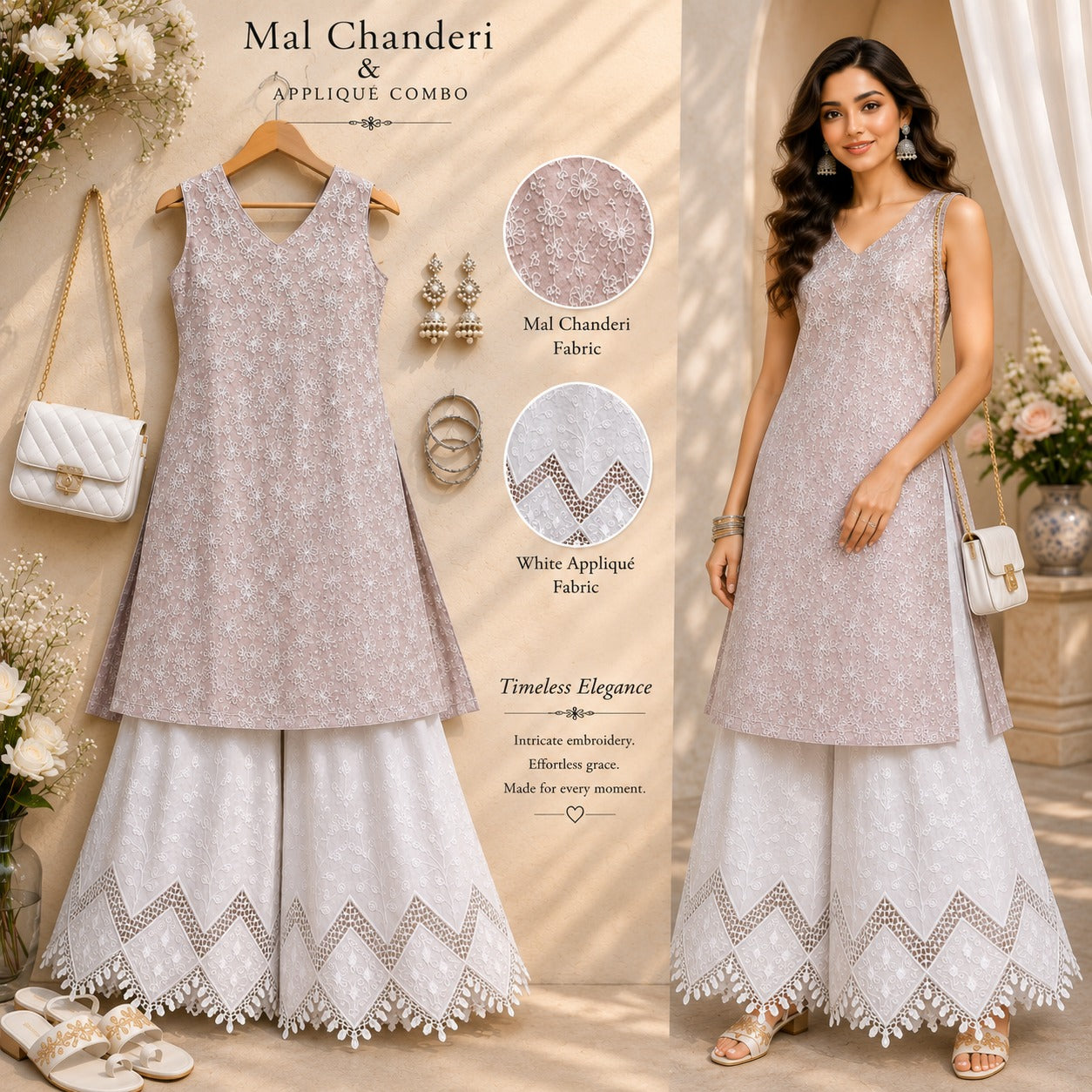 Blush Pink Mal Chanderi Embroidered Fabric with White Applique Work for Kurti, Anarkali, Suit, Gown & Dress Material
