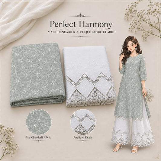 Premium Sage Green Mal Chanderi Embroidered Fabric with White Applique Work for Designer Kurti, Anarkali, Palazzo Suit, Gown & Luxury Ethnic Wear