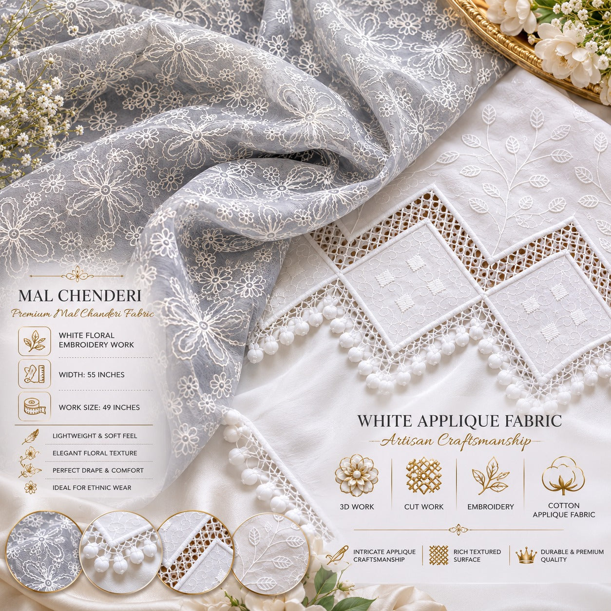 Premium Grey Mal Chanderi Embroidered Fabric with White Applique Work Dress Material for Kurti & Suit Making