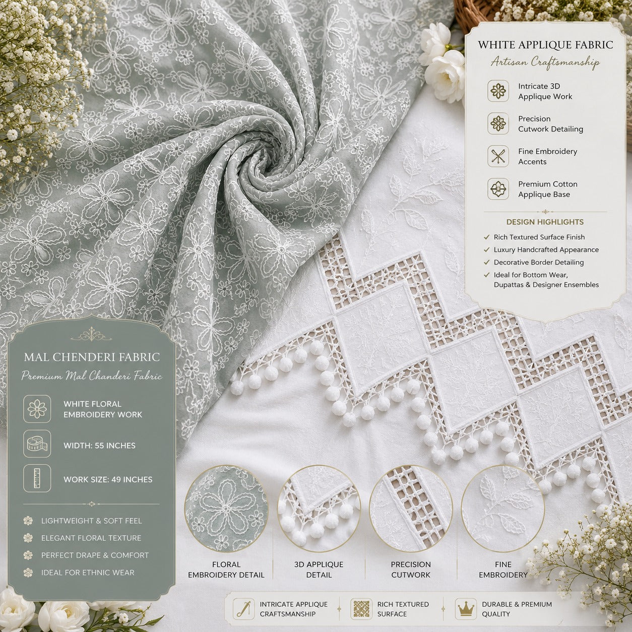 Premium Sage Green Mal Chanderi Embroidered Fabric with White Applique Work for Designer Kurti, Anarkali, Palazzo Suit, Gown & Luxury Ethnic Wear