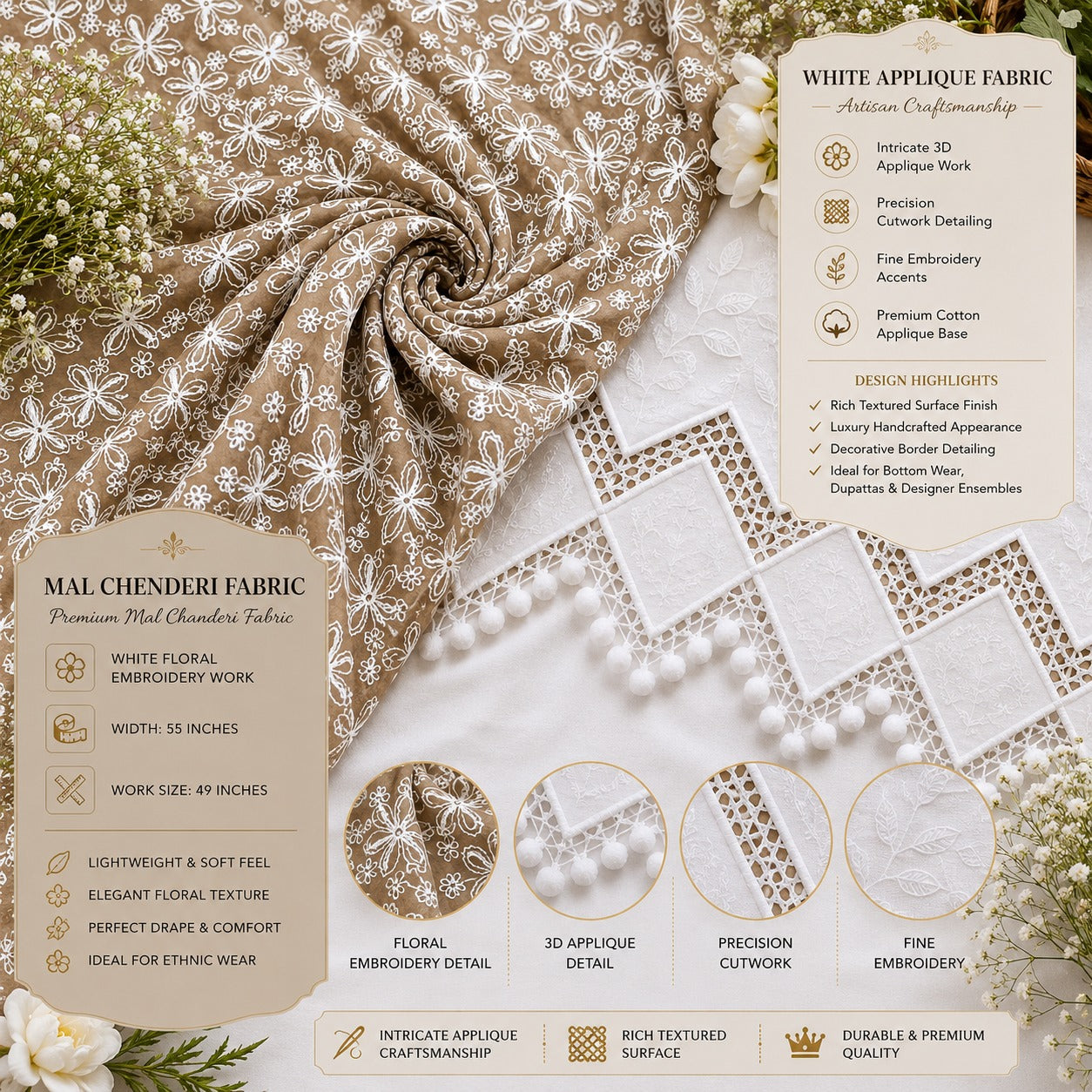 Premium Taupe Brown Mal Chanderi Embroidered Fabric with White Applique Fabric for Designer Kurti, Suit, Anarkali & Dress Material