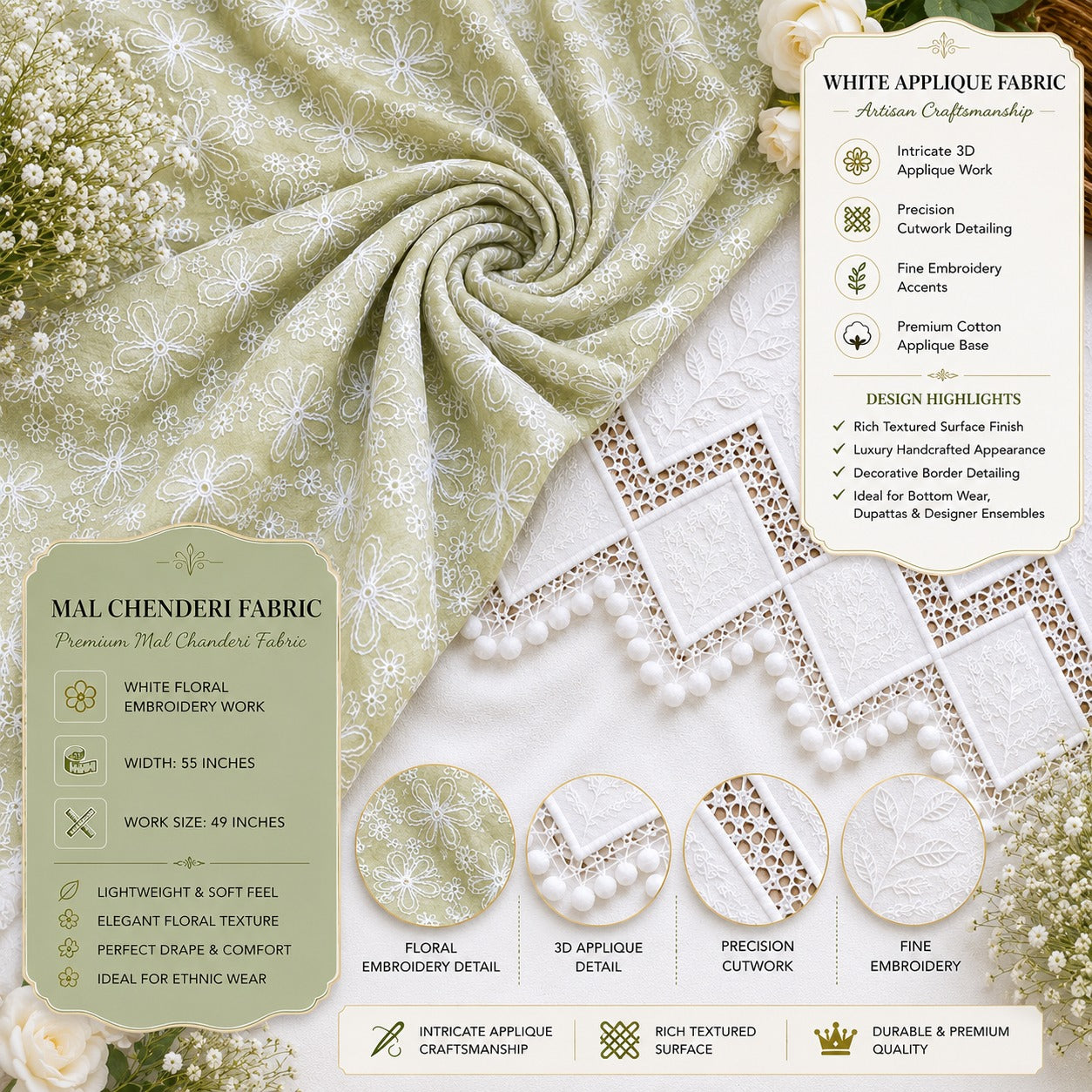 Pastel Green Floral Embroidered Mal Chanderi Fabric with White Applique Fabric for Designer Kurti, Anarkali, Suit & Luxury Ethnic Wear