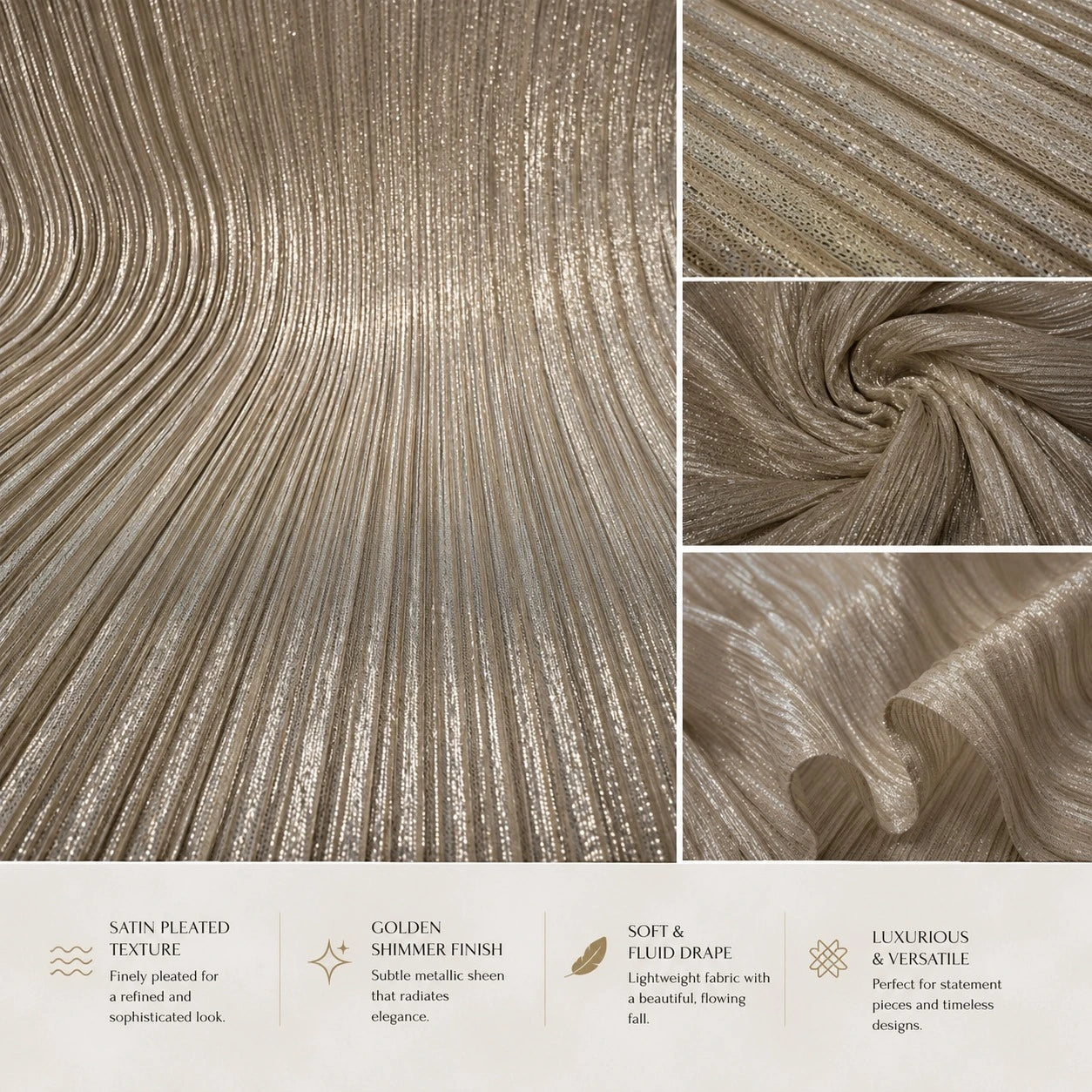 Premium Golden & Silver Shimmer Satin Pleated Fabric with Fancy Work | 60 Inch Width | Luxury Boutique Fabric for Gown, Western Dress, Frock, Evening Wear & Party Wear