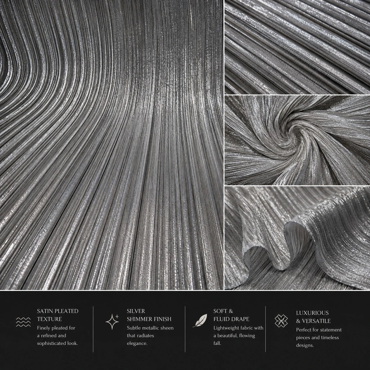 Premium Golden & Silver Shimmer Satin Pleated Fabric with Fancy Work | 60 Inch Width | Luxury Boutique Fabric for Gown, Western Dress, Frock, Evening Wear & Party Wear
