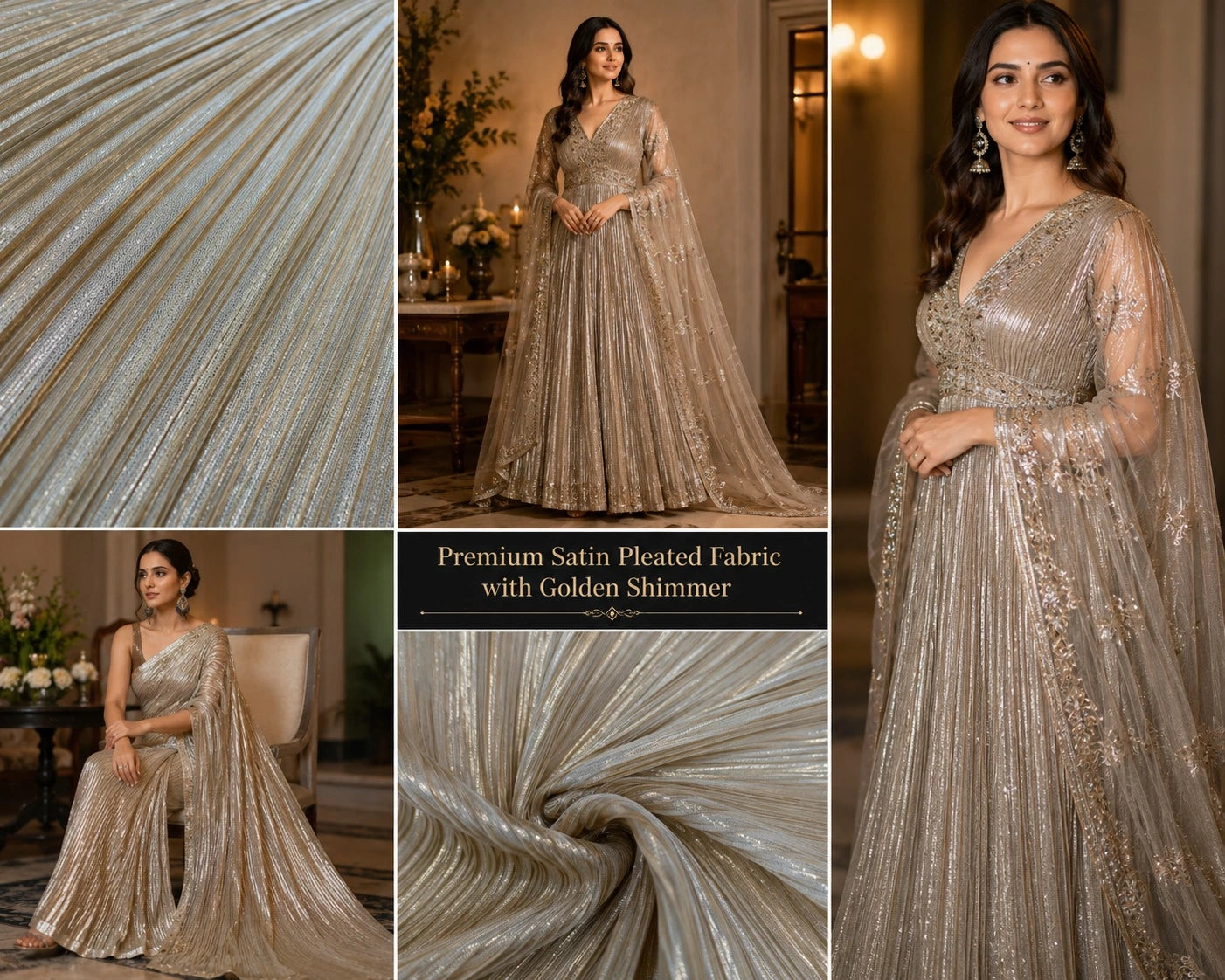 Premium Golden & Silver Shimmer Satin Pleated Fabric with Fancy Work | 60 Inch Width | Luxury Boutique Fabric for Gown, Western Dress, Frock, Evening Wear & Party Wear