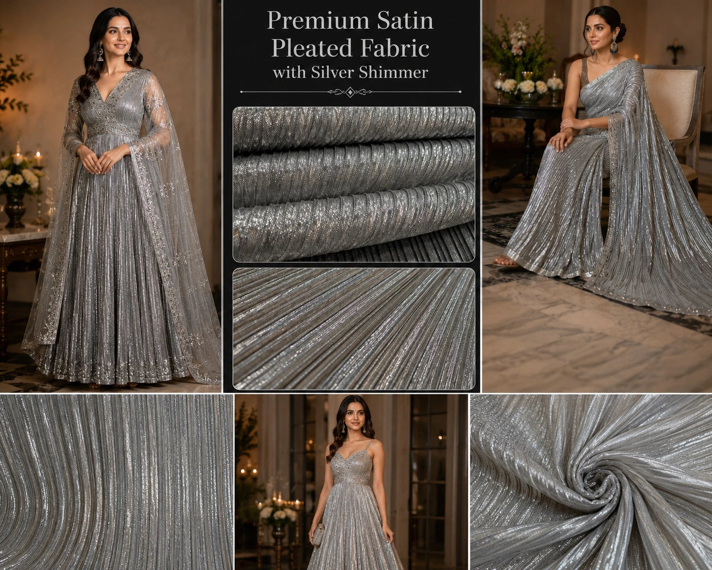 Premium Golden & Silver Shimmer Satin Pleated Fabric with Fancy Work | 60 Inch Width | Luxury Boutique Fabric for Gown, Western Dress, Frock, Evening Wear & Party Wear