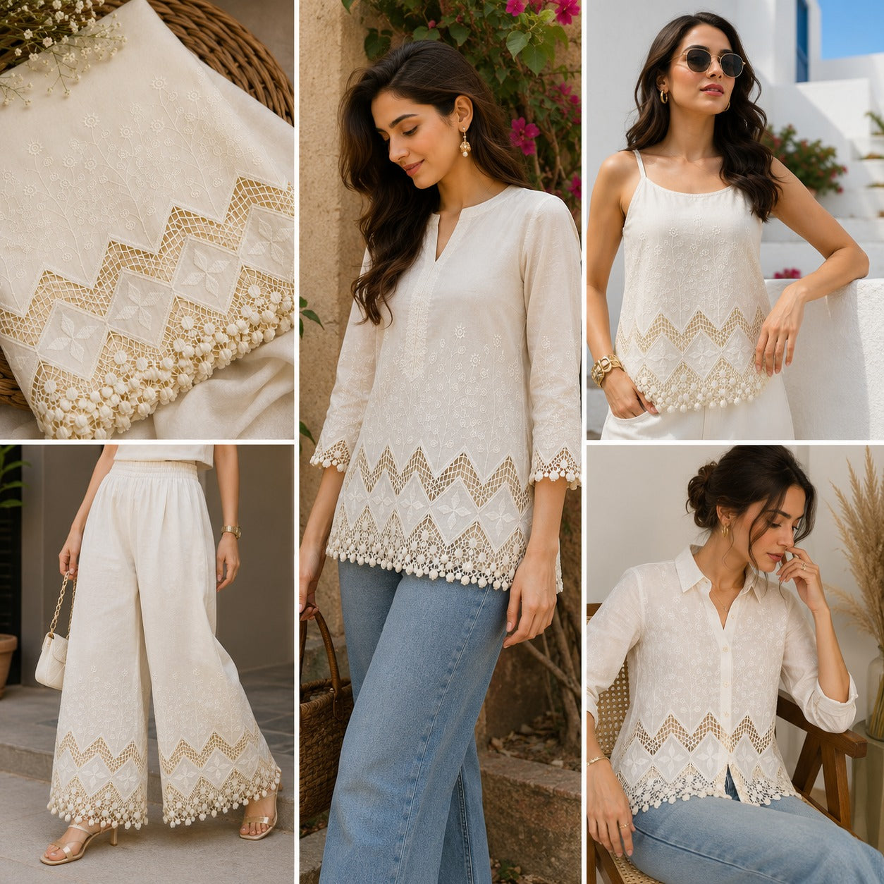 Premium Cream Cotton Applique Embroidery Fabric with 3D Cutwork  | 42 Inch Width for Kurti, Palazzo Pant, Suit & Dress Material