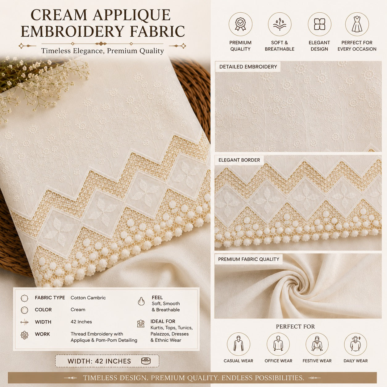Premium Cream Cotton Applique Embroidery Fabric with 3D Cutwork  | 42 Inch Width for Kurti, Palazzo Pant, Suit & Dress Material