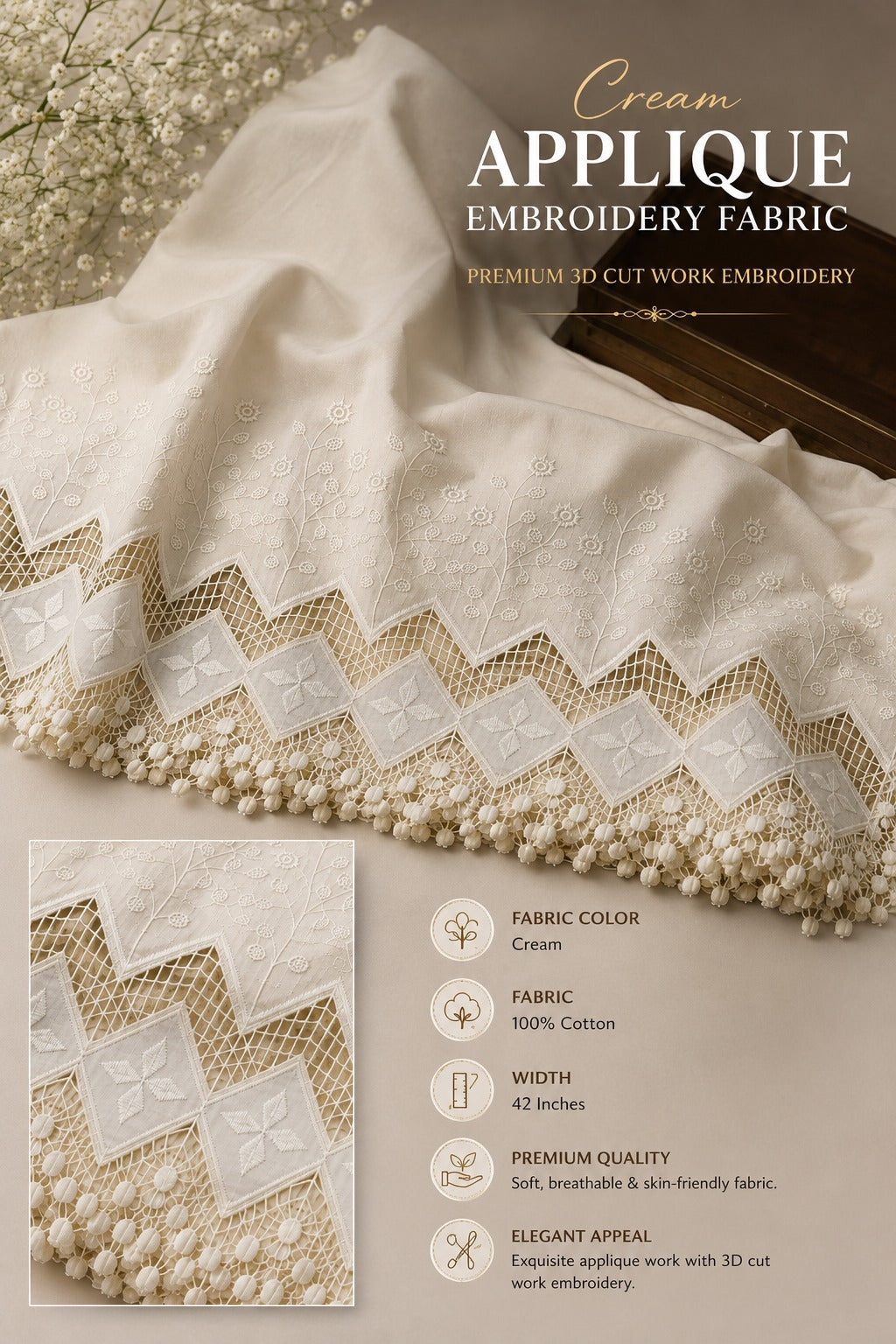 Premium Cream Cotton Applique Embroidery Fabric with 3D Cutwork  | 42 Inch Width for Kurti, Palazzo Pant, Suit & Dress Material