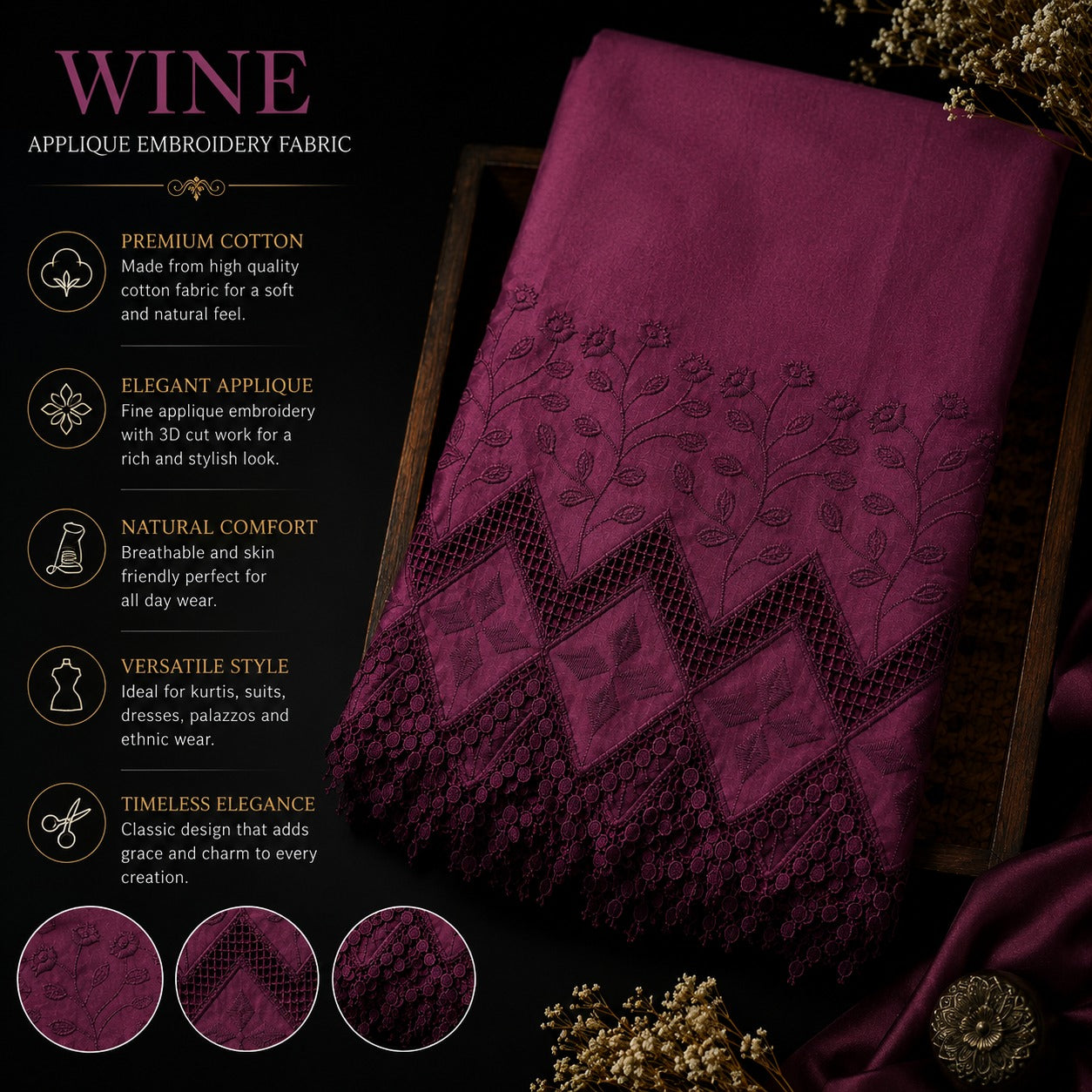 Premium Wine Cotton Applique Embroidery Fabric with 3D Cutwork | 42 Inch Width for Kurti, Palazzo Pant, Suit, Co-Ord Set & Dress Material