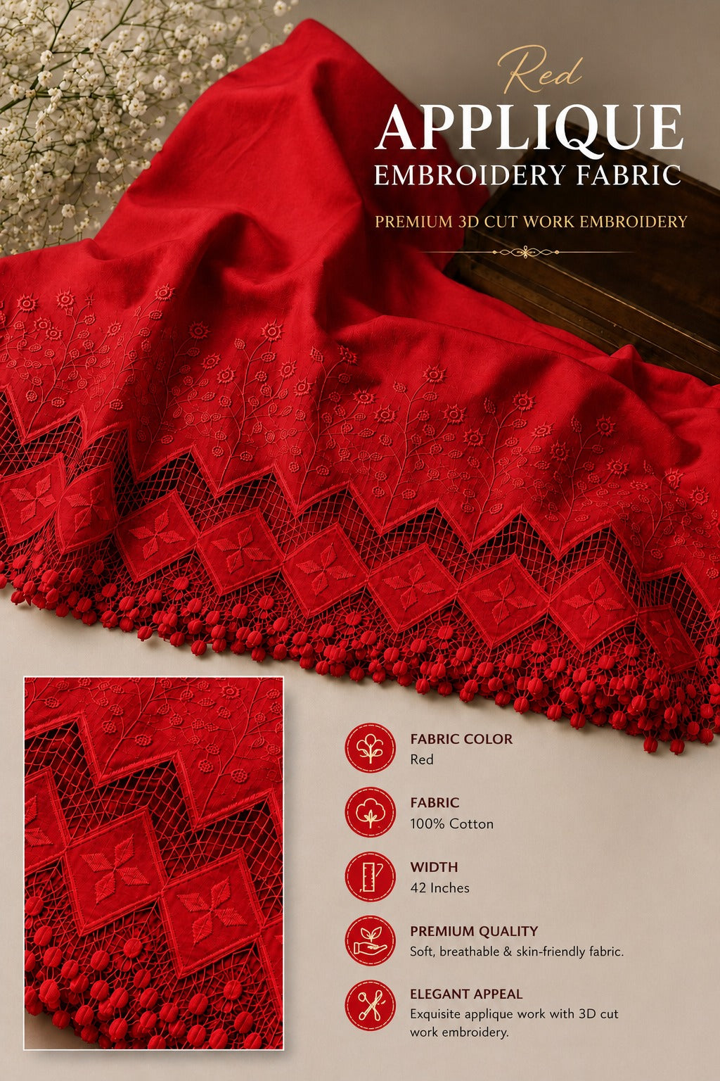 Premium Red Cotton Applique Embroidered Fabric | 42 Inch Width for Kurti, Palazzo Pant, Co-Ord Set & Dress Material