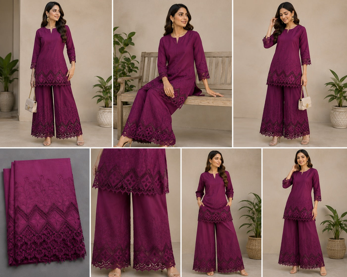 Premium Wine Cotton Applique Embroidery Fabric with 3D Cutwork | 42 Inch Width for Kurti, Palazzo Pant, Suit, Co-Ord Set & Dress Material