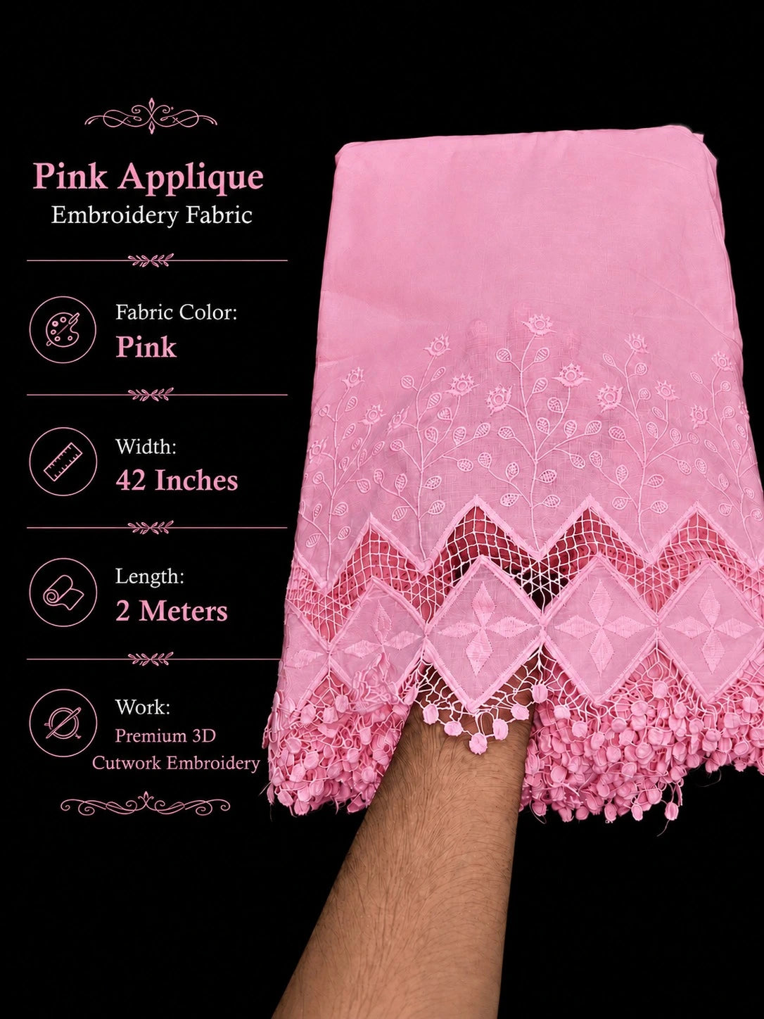 Pink Cotton Applique Embroidery Fabric | 3D Floral Cut Work Border | 42 Inch Wide Cotton Fabric for Kurti, Palazzo, Pant & Boutique Dress Making