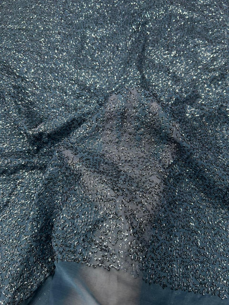 Premium Navy Blue Kichdi Net Fabric with Heavy Sequin Embroidery for Designer Dresses & Party Wear