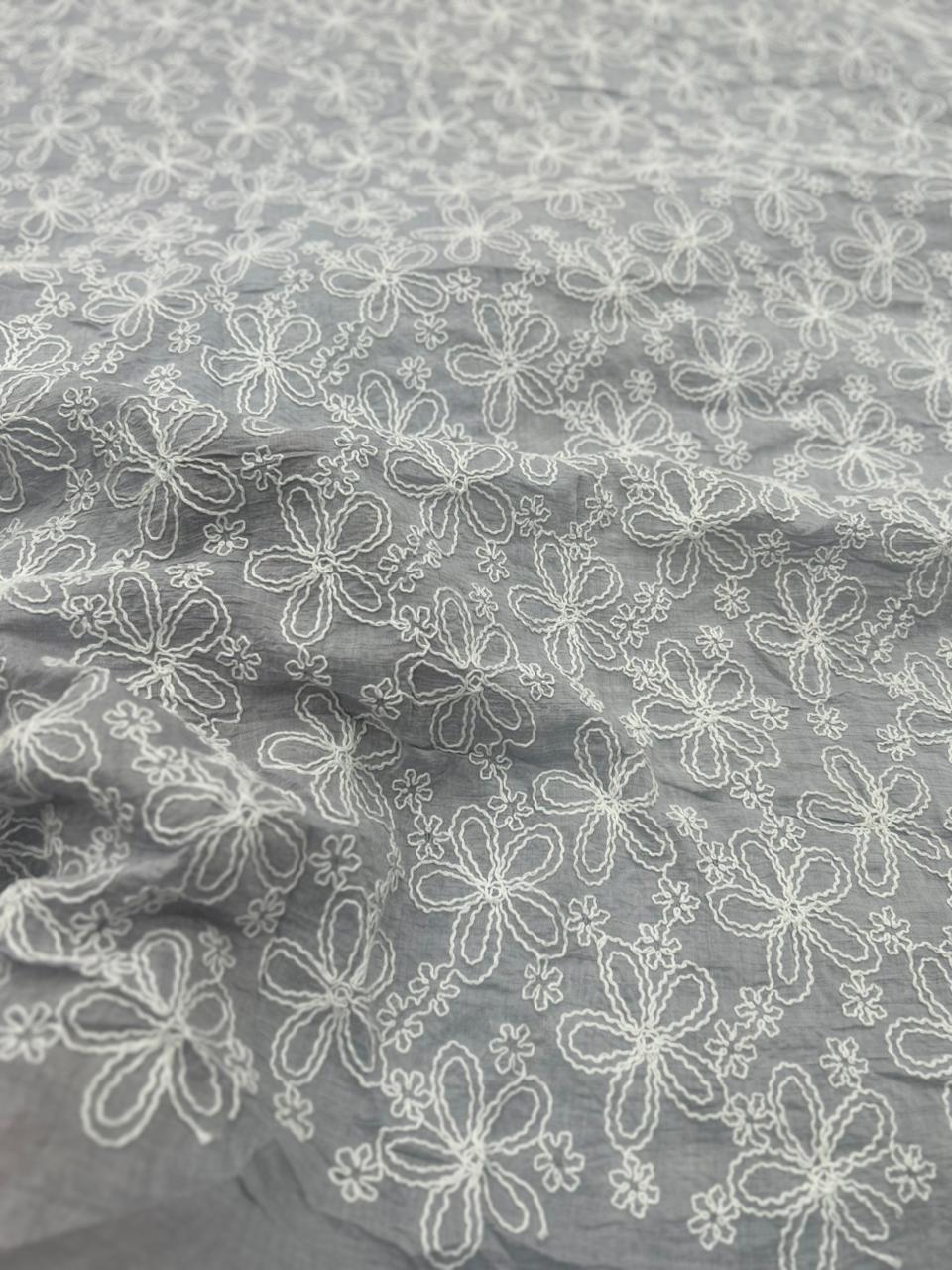 Soft Grey Embroidered Mal Chanderi Fabric With White Floral Thread Work | 49 Work | 55 Inch Width | ThreadnThan