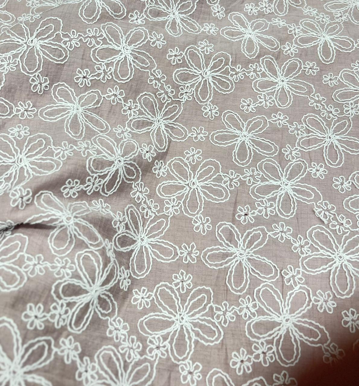 Blush Pink Embroidered Mal Chanderi Fabric With White Floral Thread Work | 49 Work | 55 Inch Width | ThreadnThan