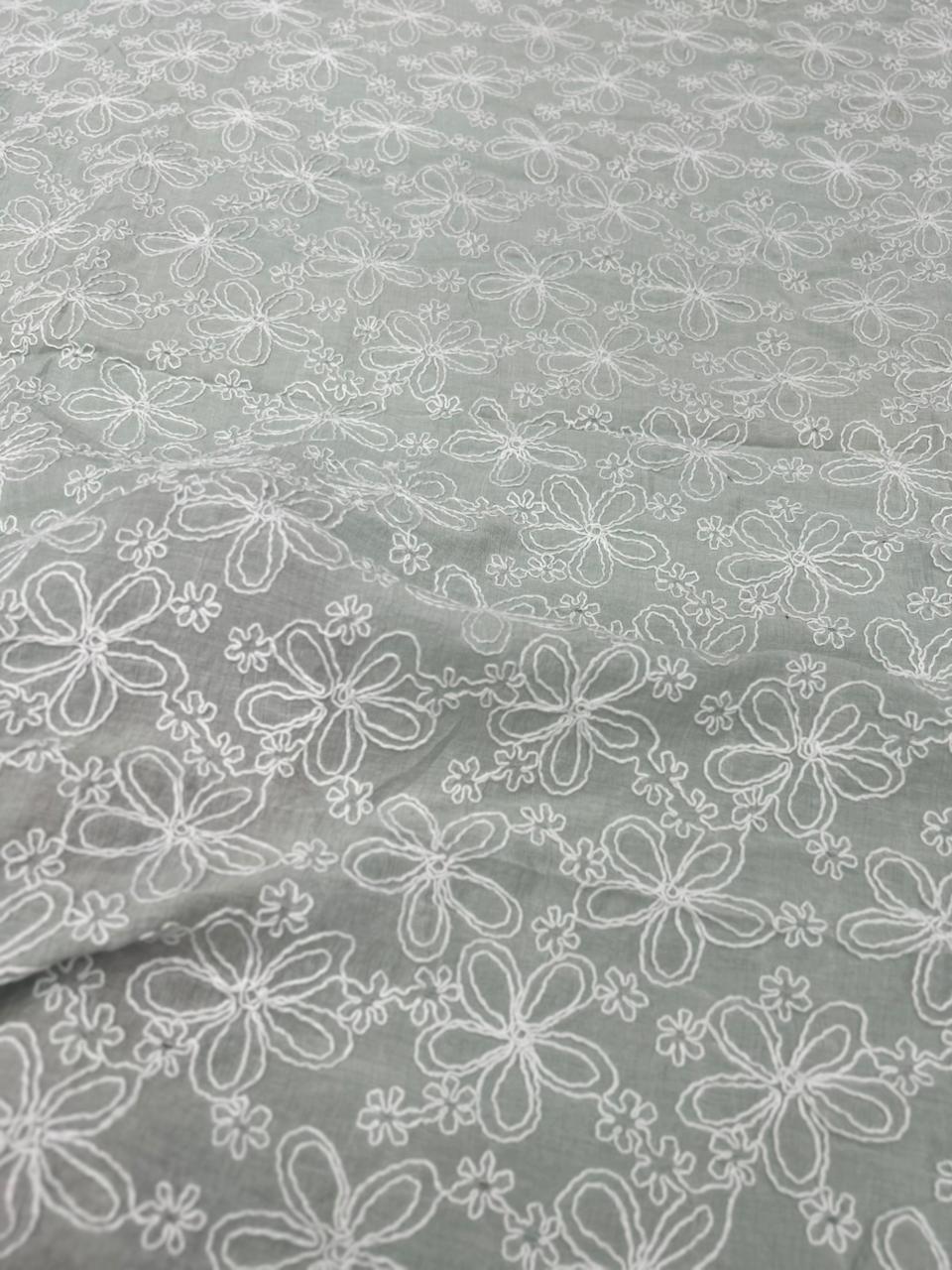Sage Green Embroidered Mal Chanderi Fabric With White Floral Thread Work | 49 Work | 55 Inch Width | ThreadnTha