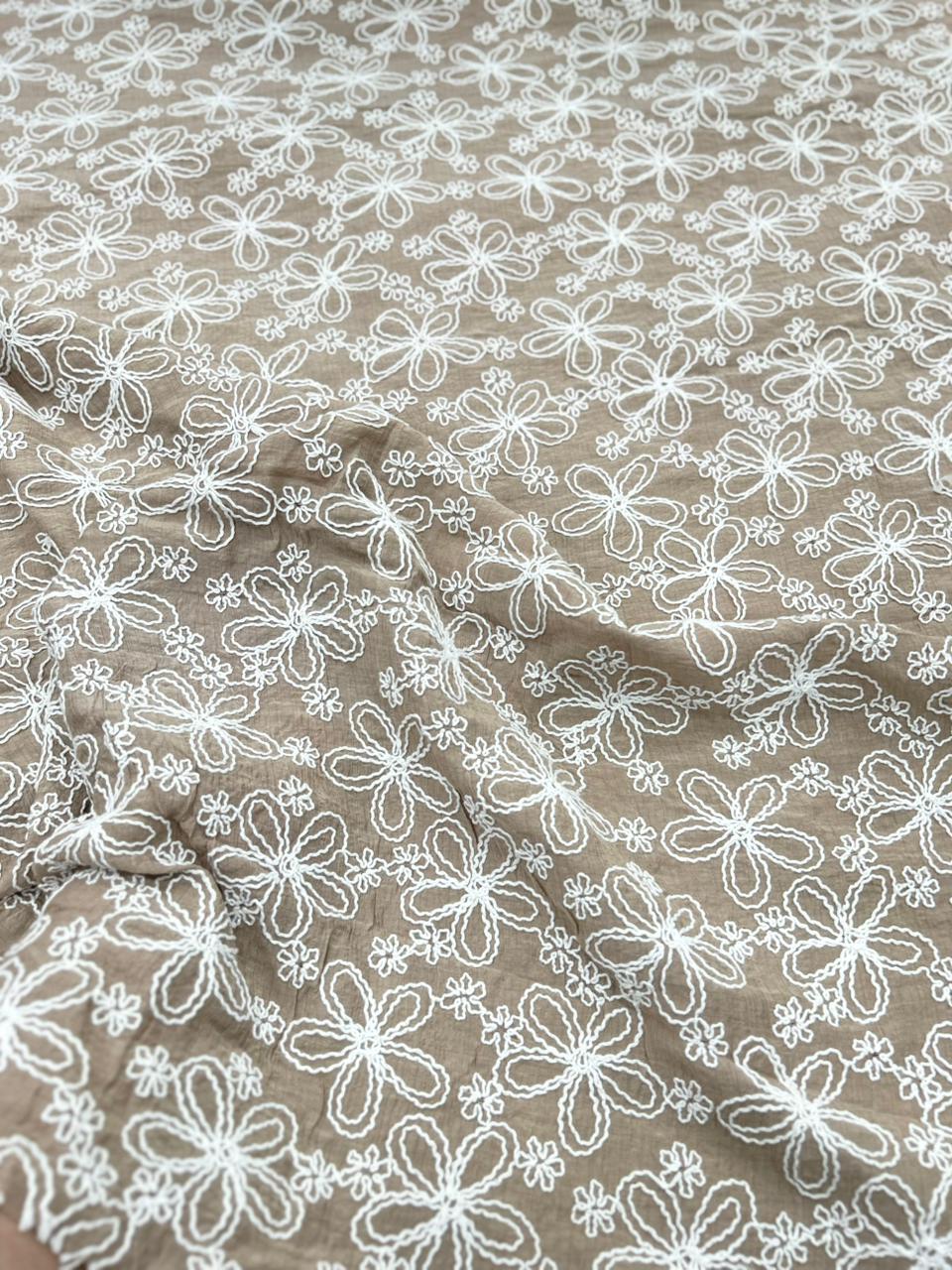Taupe Brown Embroidered Mal Chanderi Fabric With White Floral Thread Work – 49 Work | 55 Inch Width | ThreadnThan