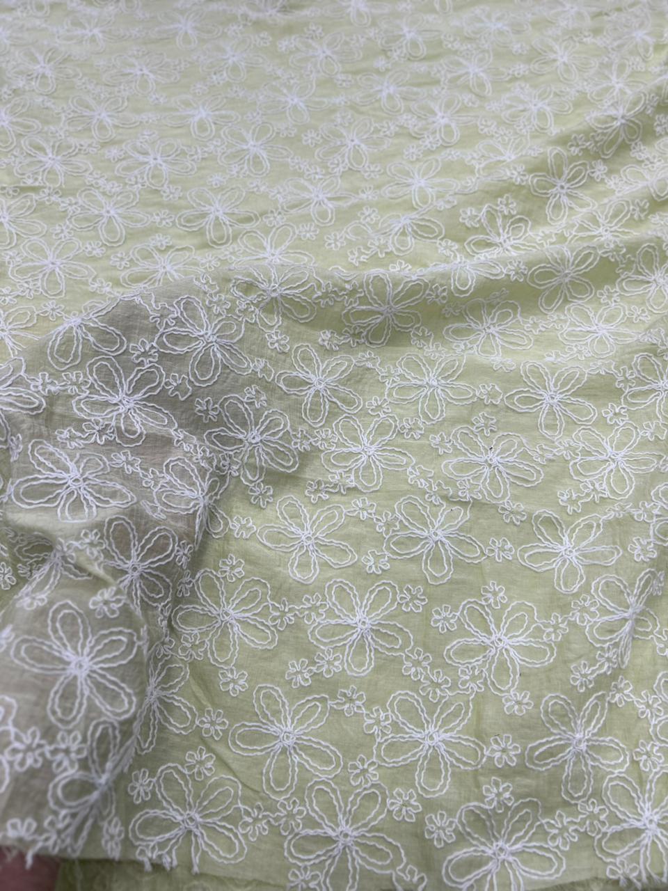 Pastel Green Embroidered Mal Chanderi  Emborderd Fabric With White Floral Thread Work – 49 Work | 55 Inch Width | ThreadnThan