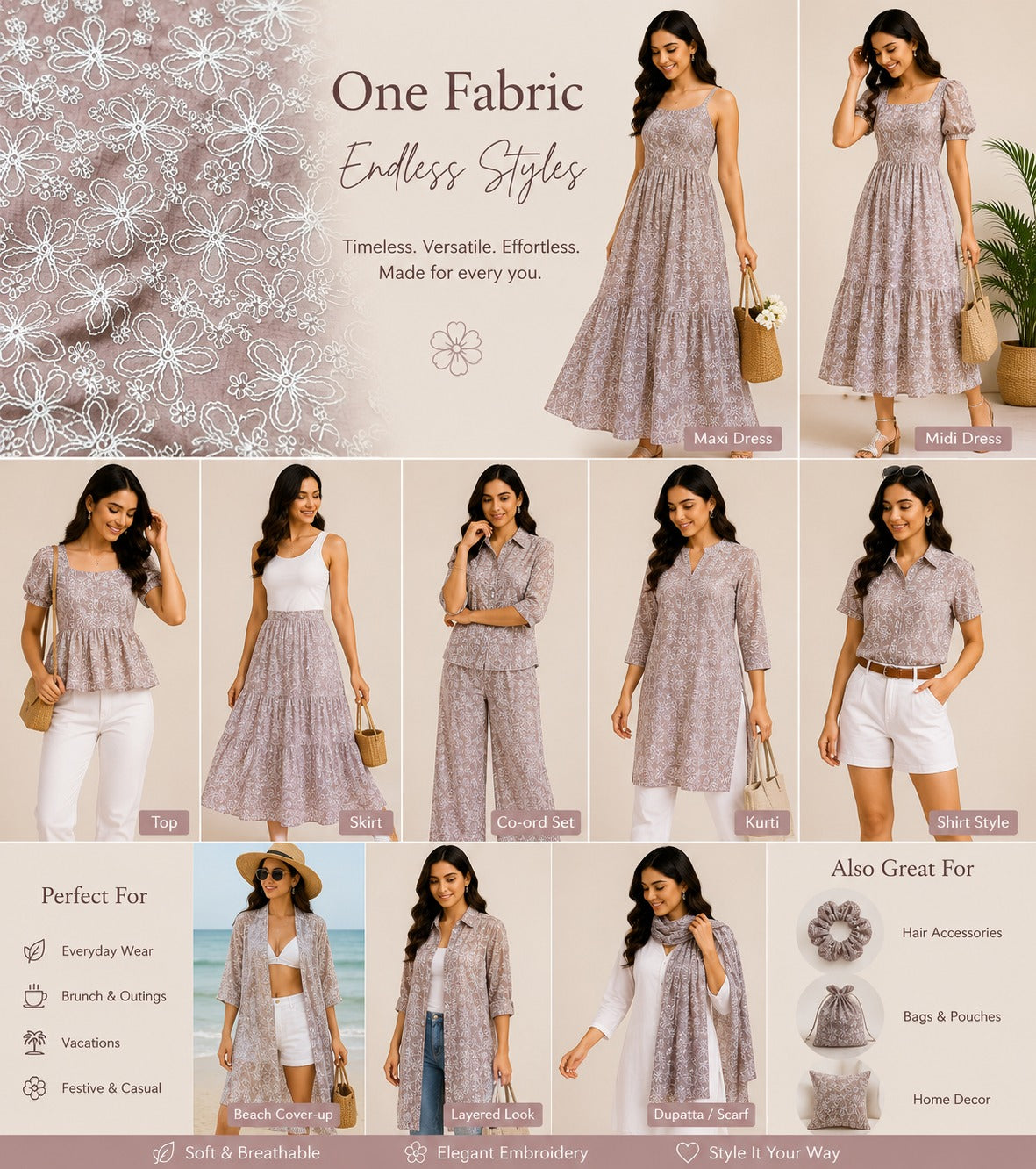 Blush Pink Embroidered Mal Chanderi Fabric With White Floral Thread Work | 49 Work | 55 Inch Width | ThreadnThan