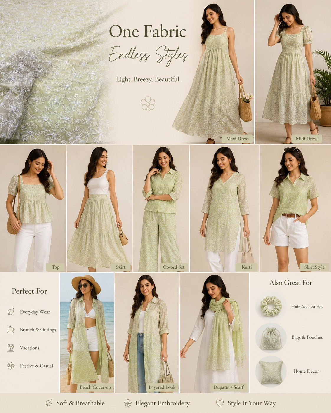 Pastel Green Embroidered Mal Chanderi  Emborderd Fabric With White Floral Thread Work – 49 Work | 55 Inch Width | ThreadnThan